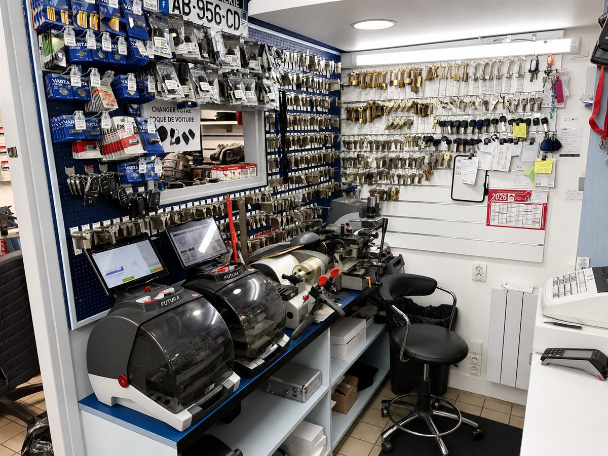 Intérieur de l’atelier DK Services avec les machines et les modèles de clés