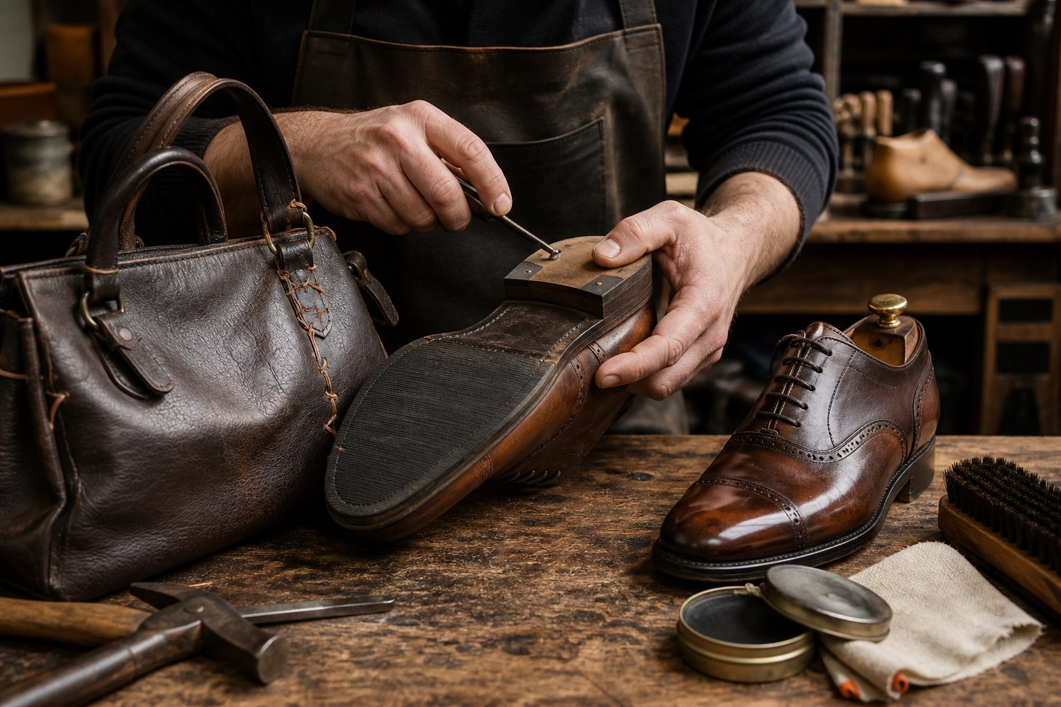 Artisan cordonnier réparant la semelle d’une chaussure, avec un sac en cuir et du matériel d’entretien