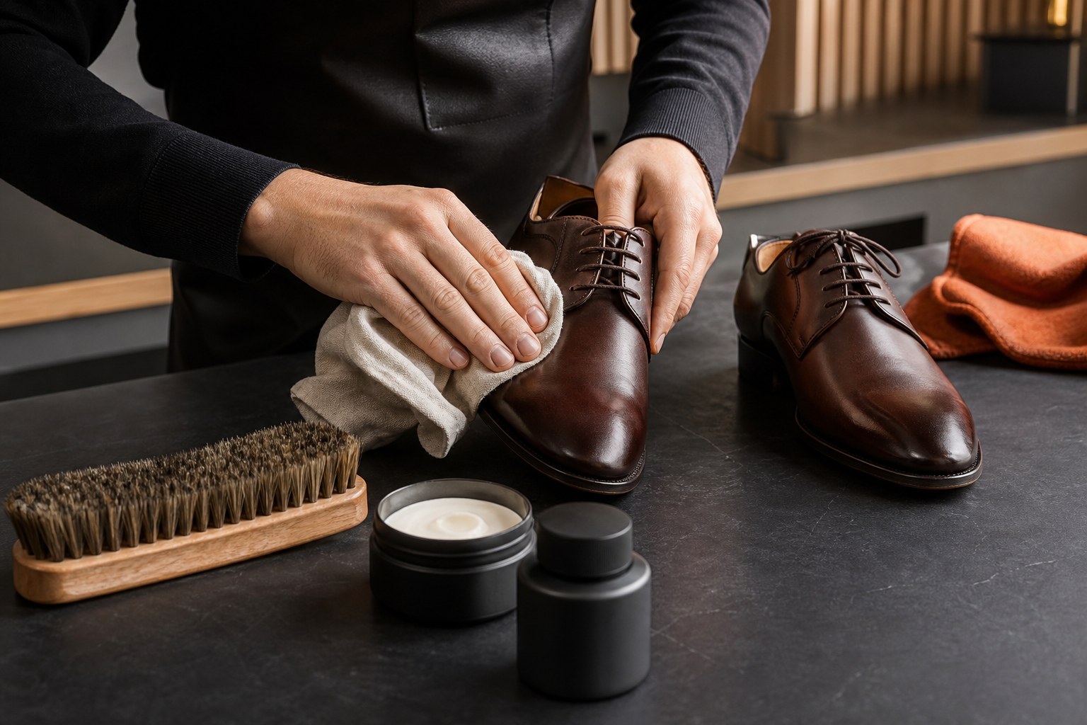Entretien et rénovation de chaussures en cuir dans un atelier moderne