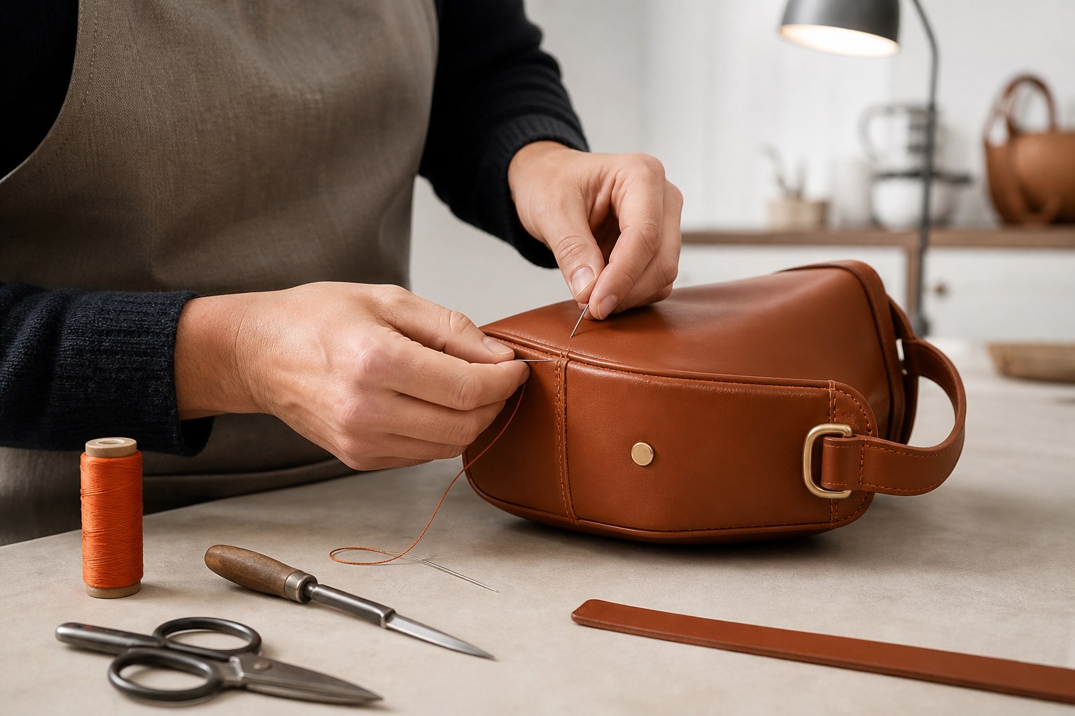 Réparation soignée des coutures d’un sac en cuir