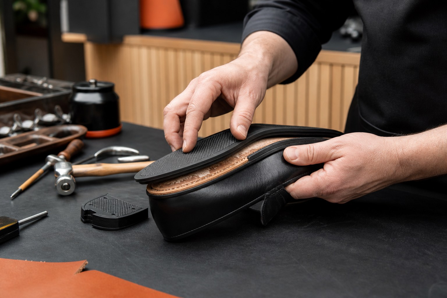 Pose moderne d’une semelle et d’un talon en atelier