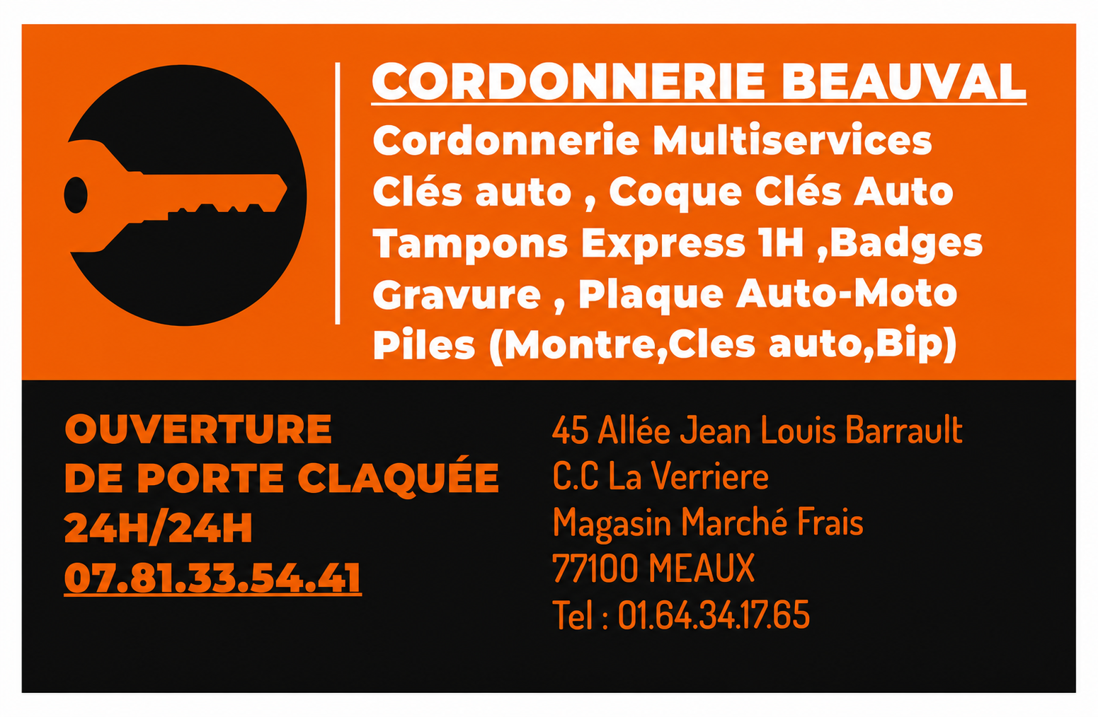 Carte de visite de la Cordonnerie Beauval avec les coordonnées de DK Services